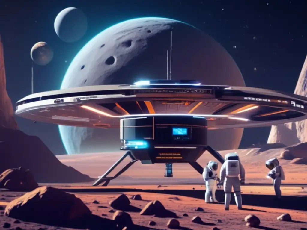 Estación espacial futurista en asteroide con científicos mineros Centro espacial futurista en asteroide, científicos y mineros extraen recursos; avances tecnológicos y legislación