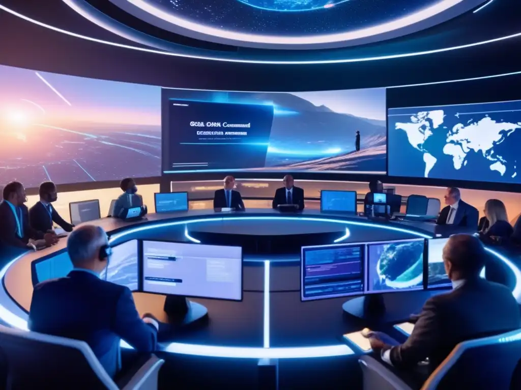 Centro de mando global futurista con colaboración internacional Centro de mando global futurista con tecnología de vanguardia y colaboración internacional en defensa planetaria: inversiones y políticas clave