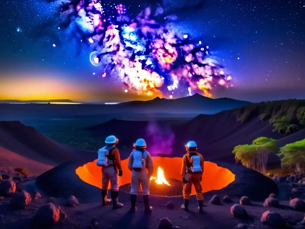 Científicos estudiando asteroides en un paisaje volcánico iluminado por la luna