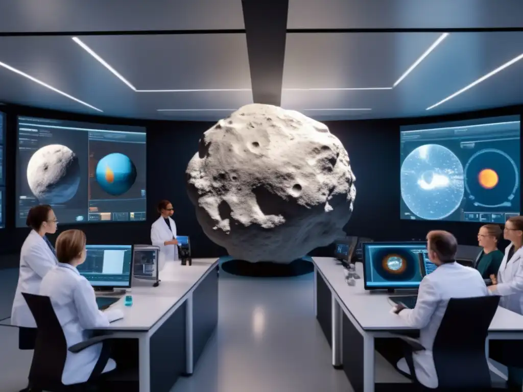 Equipo de científicos analiza asteroide con tecnología avanzada Científicos en laboratorio de vanguardia analizando asteroide tipo C