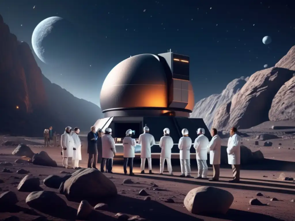 Científicos analizando asteroides Científicos en observatorio de asteroide analizando descubrimiento de lunas (110 caracteres)