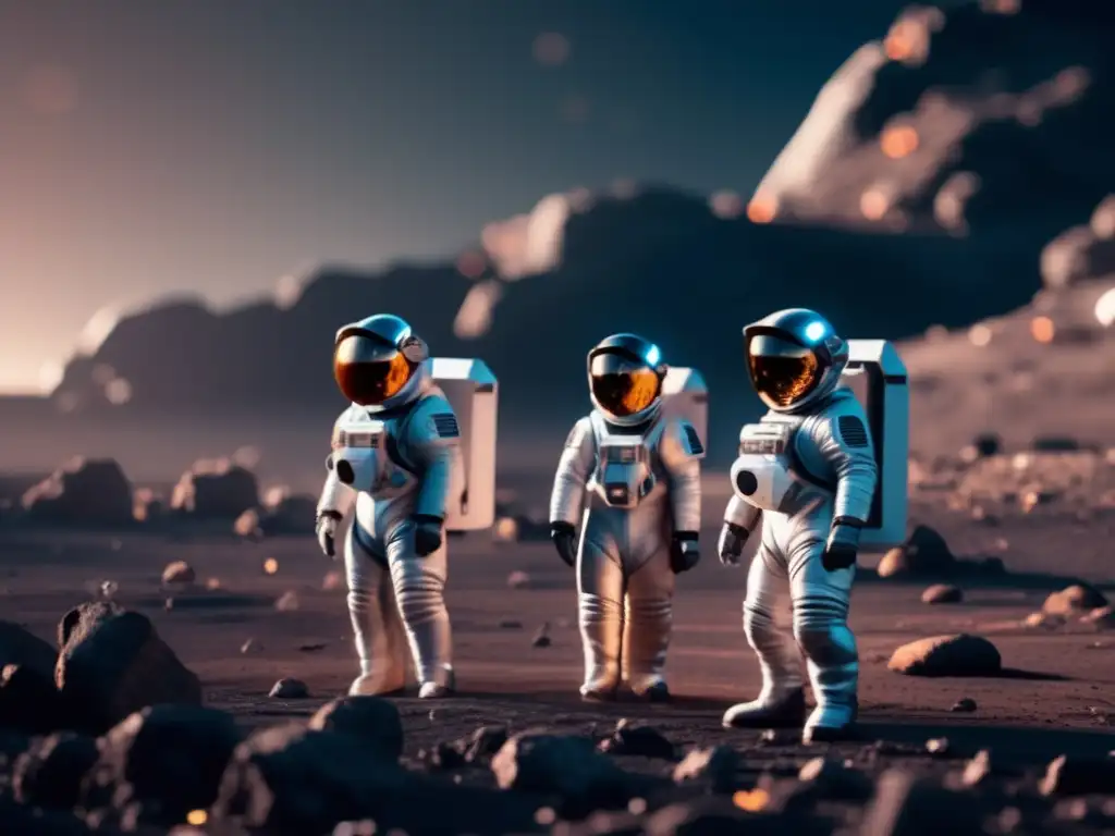 Científicos exploran asteroide con tecnología avanzada Científicos en trajes espaciales explorando asteroide, iluminados por luz futurista, rodeados de equipo avanzado