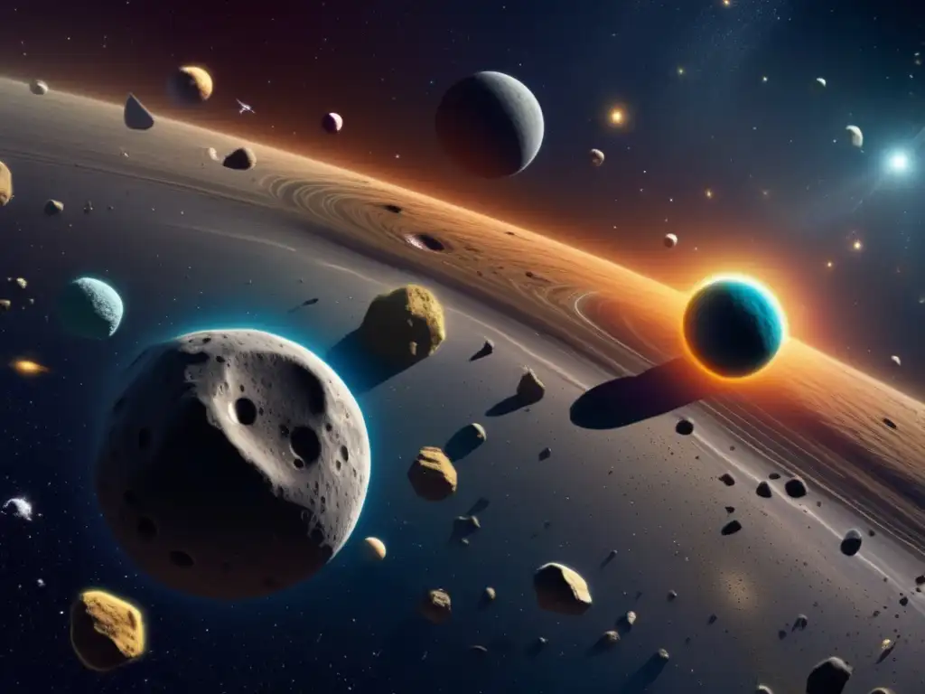 Detallada imagen del cinturón de asteroides Cinturón de asteroides: composición y estructura, imagen detallada del espacio lleno de asteroides en distintos colores y texturas