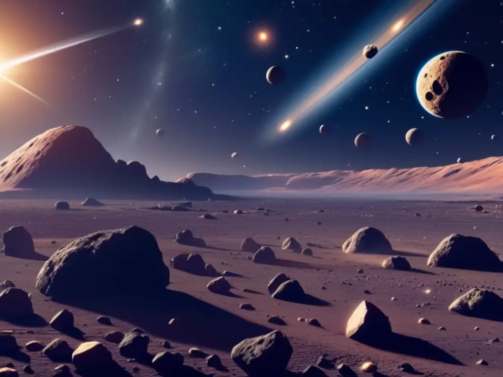 Impresionante cinturón de asteroides en el espacio Cinturón de asteroides, impresionante y detallada imagen con nave espacial en primer plano