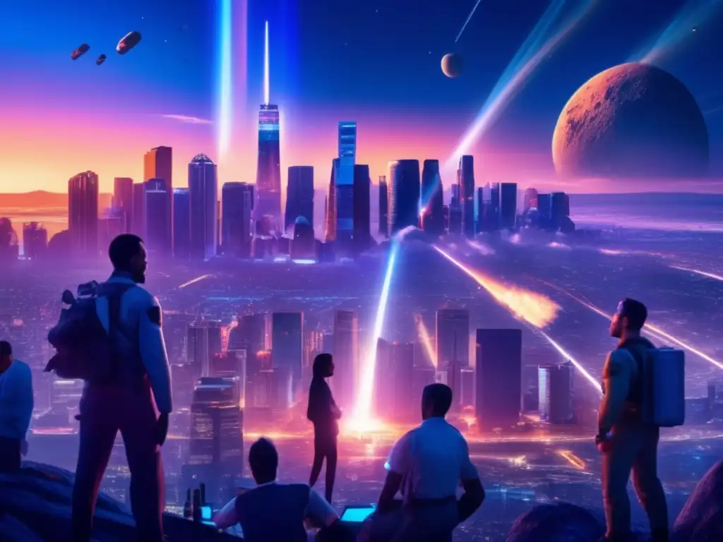 Ciudad al atardecer con científicos y militares en simulacro de impacto para defensa planetaria