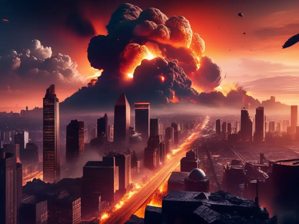 Ciudad en caos y destrucción por impacto de asteroide Ciudad en caos y destrucción por asteroide