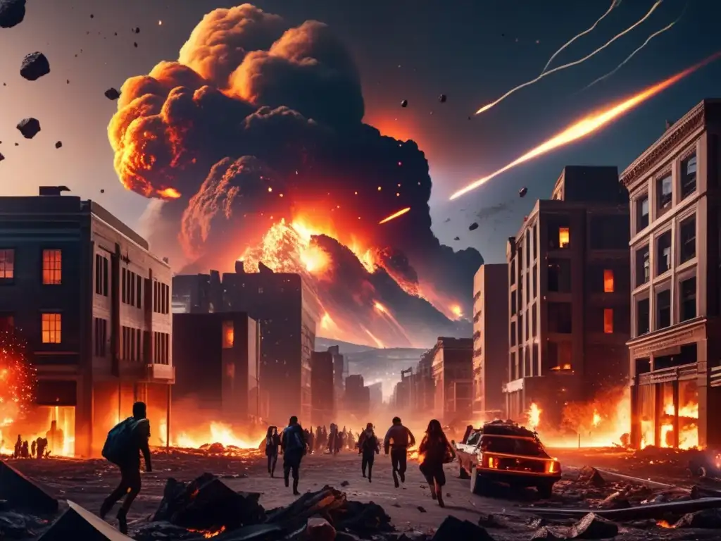 Caos y destrucción en ciudad bajo meteoritos Ciudad caótica y destruida por asteroides, simbolizando el uso de asteroides en la literatura