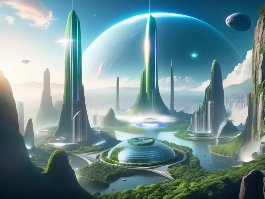 Ciudad futurista en asteroide utópico Ciudad futurista en asteroide, equilibrio entre naturaleza y tecnología