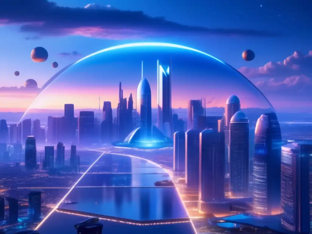 Ciudad futurista al atardecer: estrategias políticas globales contra impactos asteroides