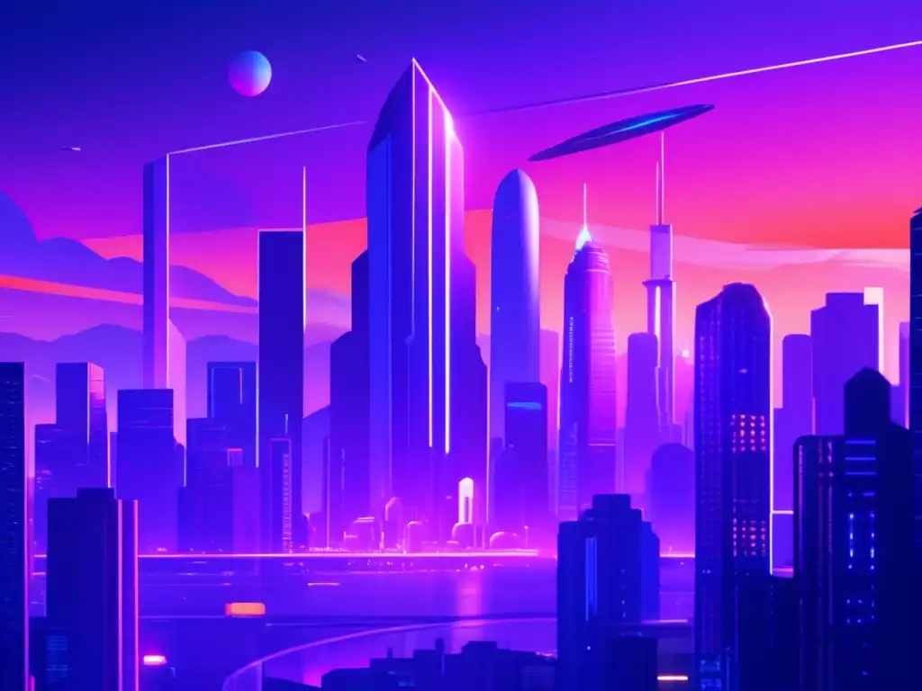 Ciudad futurista al atardecer, con rascacielos modernos y un asteroide amenazante
