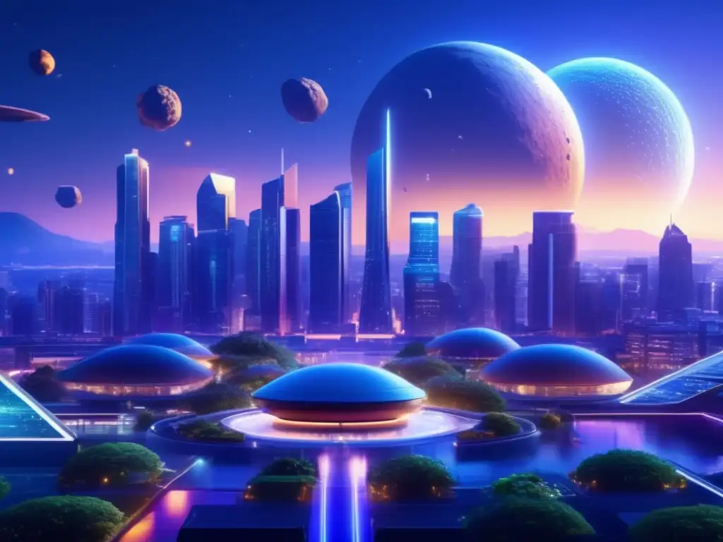 Ciudad futurista con tecnología eco-amigable Ciudad futurista con compuestos orgánicos asteroides en aplicaciones tecnológicas