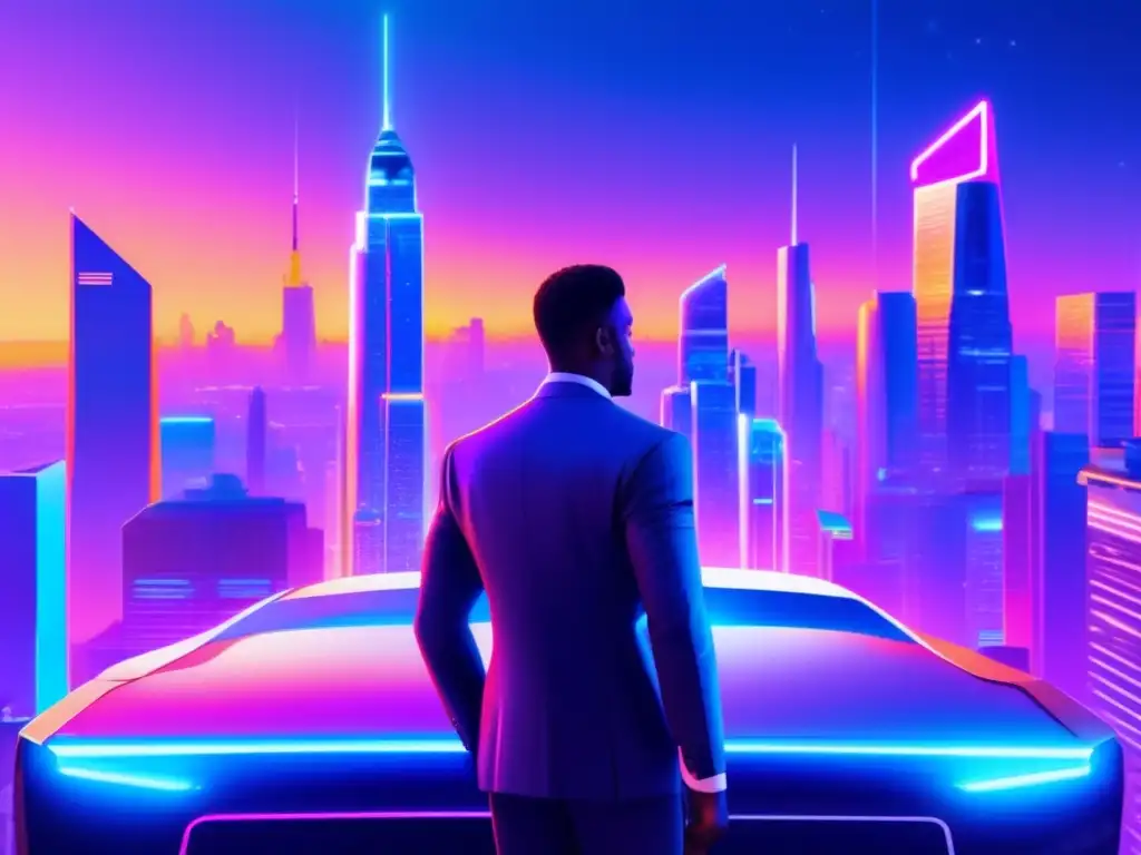 Futurista ciudad nocturna con rascacielos luminosos Astroemprendedor mirando ciudad futurista y horizonte: Exploración espacial: Perfiles astroemprendedores
