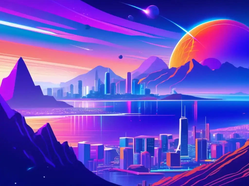 Ciudad futurista frente a costa con montañas y océano
