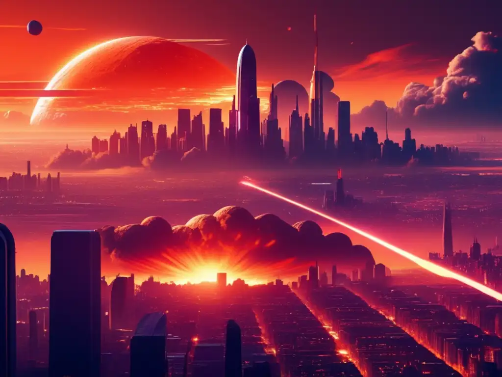 Ciudad futurista amenazada por asteroide Ciudad futurista en peligro: Prevenir impacto asteroides mundo