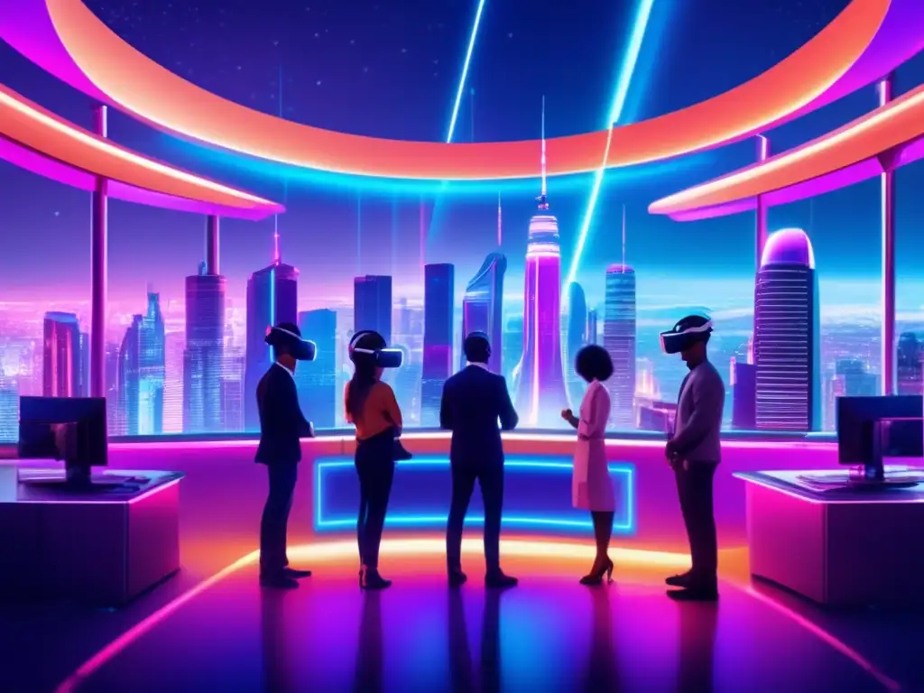 Futuro de la defensa planetaria con realidad virtual Ciudad futurista con rascacielos iluminados por luces neón rodeada de una cúpula protectora