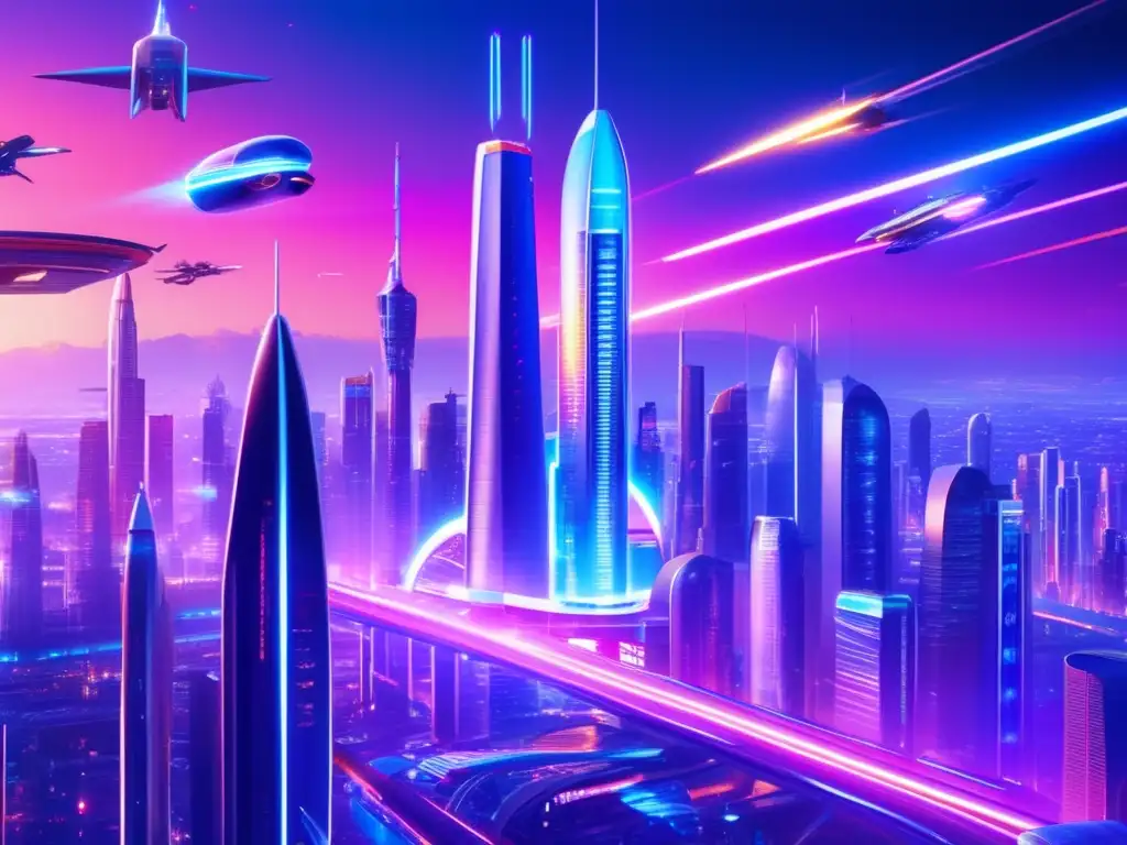 Ciudad futurista llena de energía y luces Ciudad futurista con rascacielos, luz neón y lanzamiento de cohetes