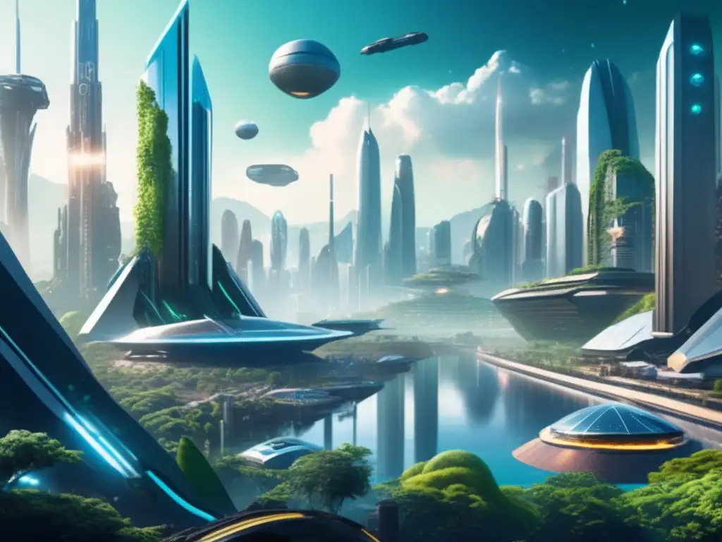 Futurista ciudad con rascacielos y minería asteroidal Ciudad futurista con rascacielos de metal y vidrio, minería de asteroides y beneficios en la economía y empleo