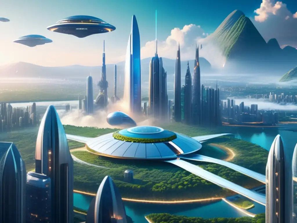Ciudad futurista con rascacielos metálicos rodeada de naturaleza