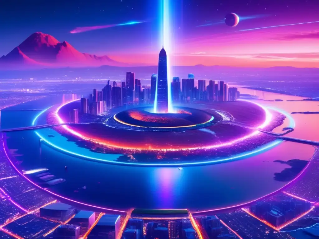 Ciudad futurista con rascacielos y puertos espaciales, impacto de asteroide y lago tranquilo