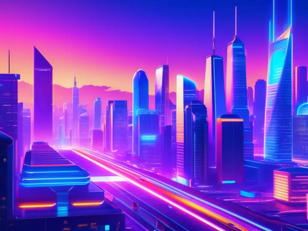 Futurista ciudad con rascacielos y espacioport Ciudad futurista con rascacielos y puertos espaciales: Startups espaciales impactan mercado financiero