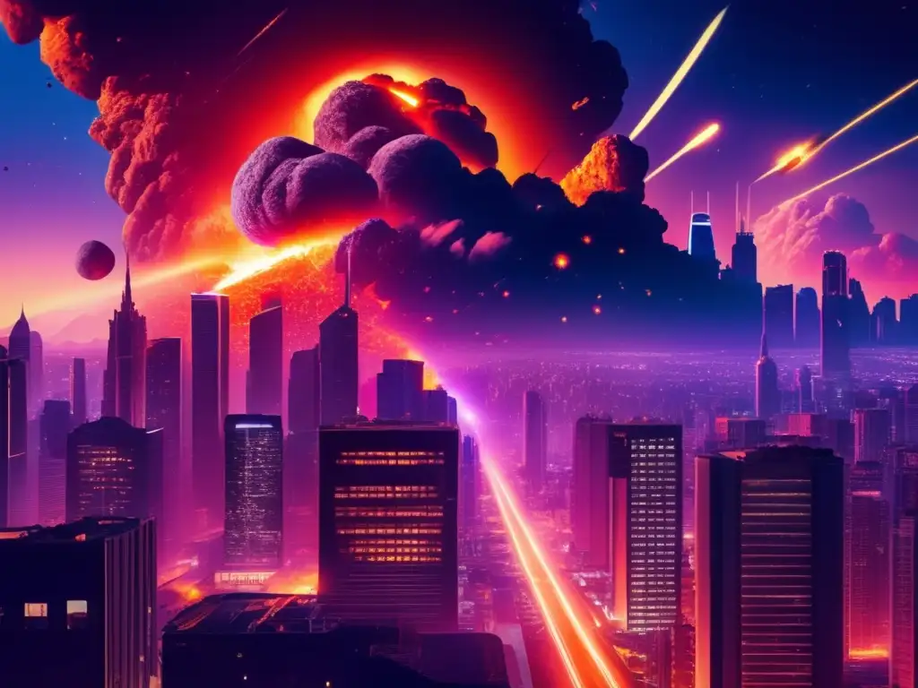 Destrucción masiva por impacto de asteroide Ciudad nocturna con rascacielos iluminados y un asteroide destruyéndola: Marco legal internacional asteroides