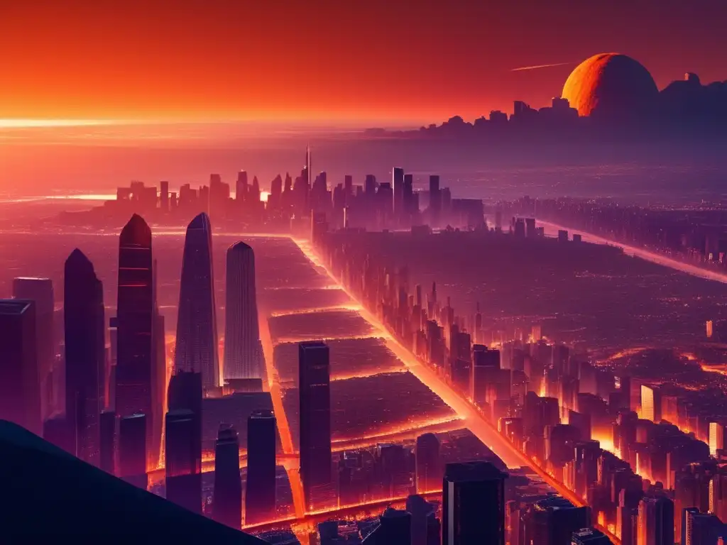 Ciudad al anochecer con rascacielos y un asteroide cercano
