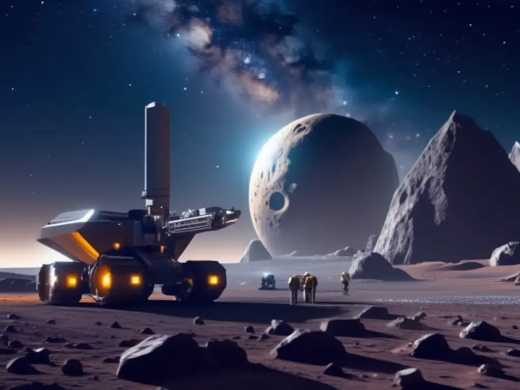 Coberturas para minería de asteroides: Futura operación minera en asteroide con maquinaria robótica avanzada y ingenieros supervisando la extracción