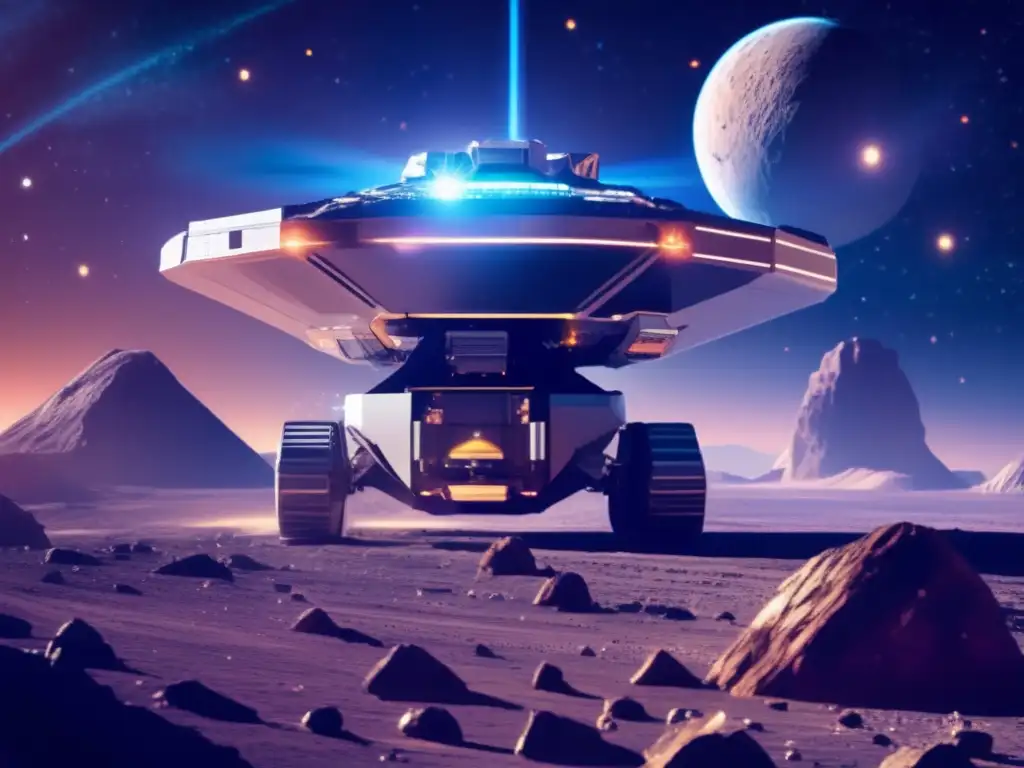 Coberturas para minería de asteroides: Operación minera futurista en un asteroide, nave espacial minera y drones recolectando recursos
