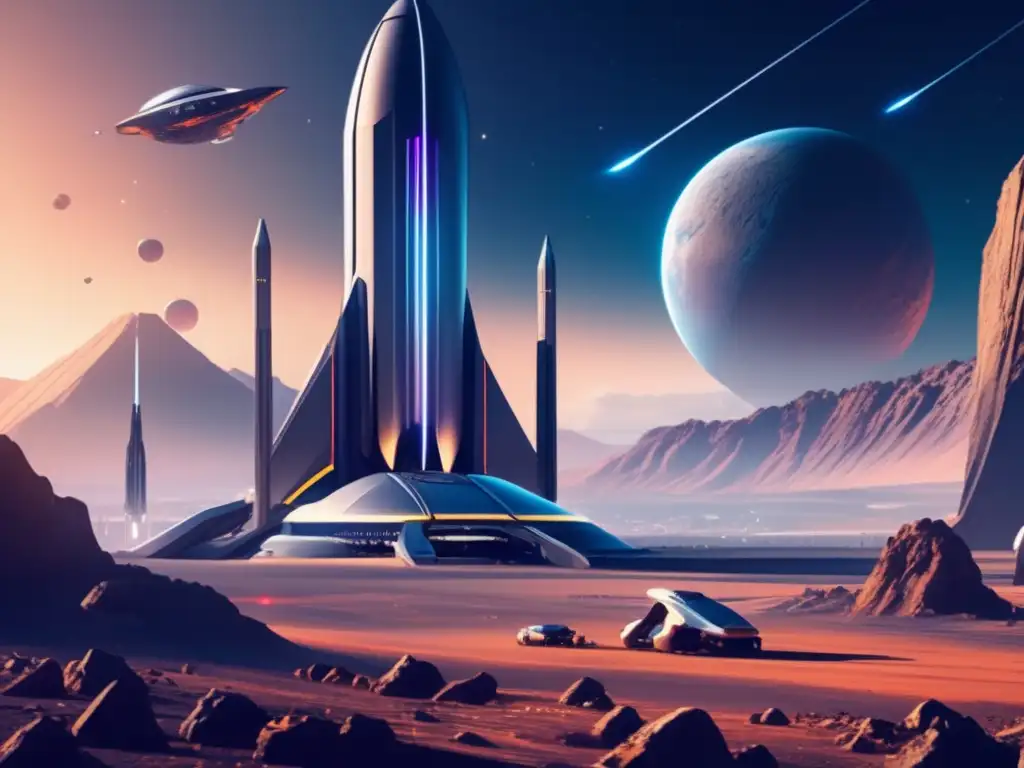 Futuro puerto espacial en asteroide Cohetes reutilizables para minería de asteroides en un espacioport futurista con una flota en fila