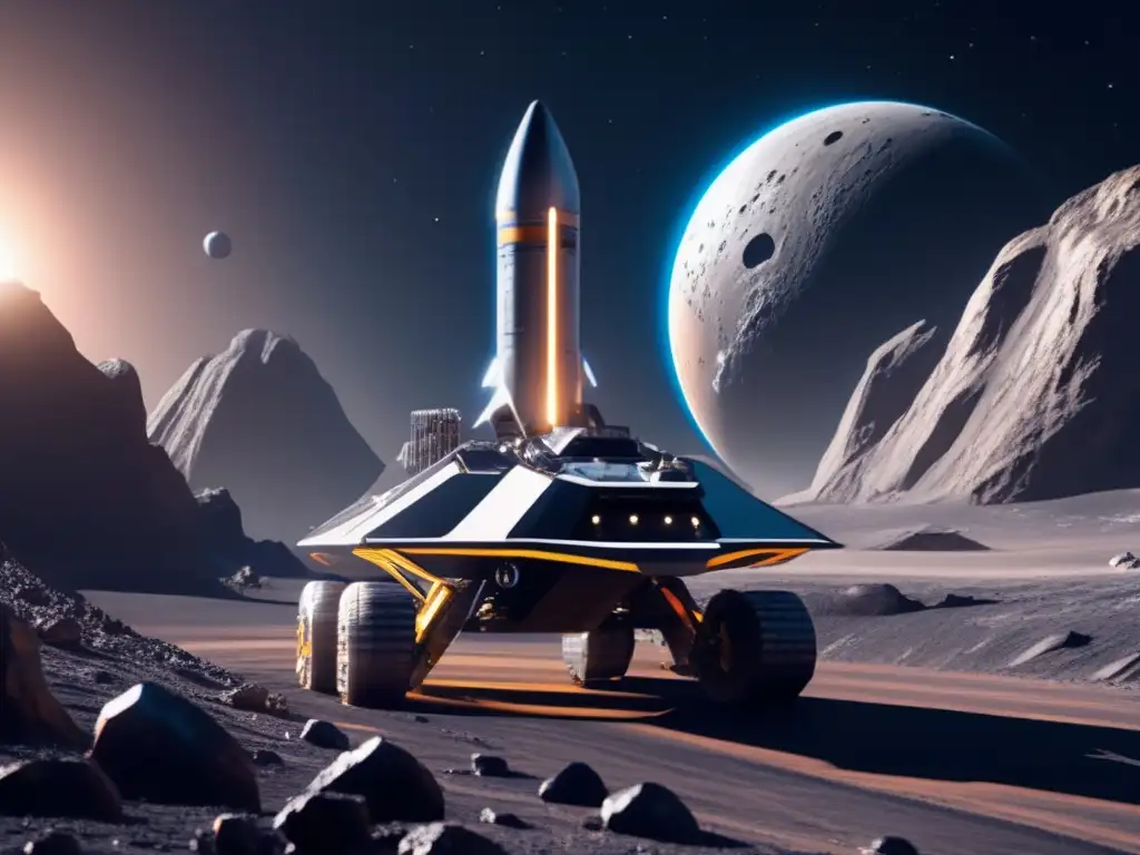 Operación minera espacial en asteroide Cohetes reutilizables para minería de asteroides en una imagen de 8k ultra detallada, destacando una operación futurista en un asteroide