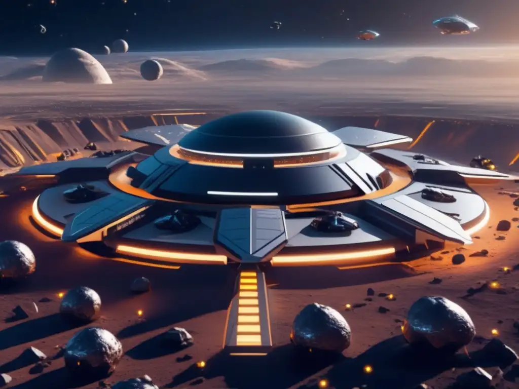Gestión colaborativa de NEOs en el espacio: Estación espacial futurista rodeada de asteroides, con tecnología avanzada y extracción de recursos