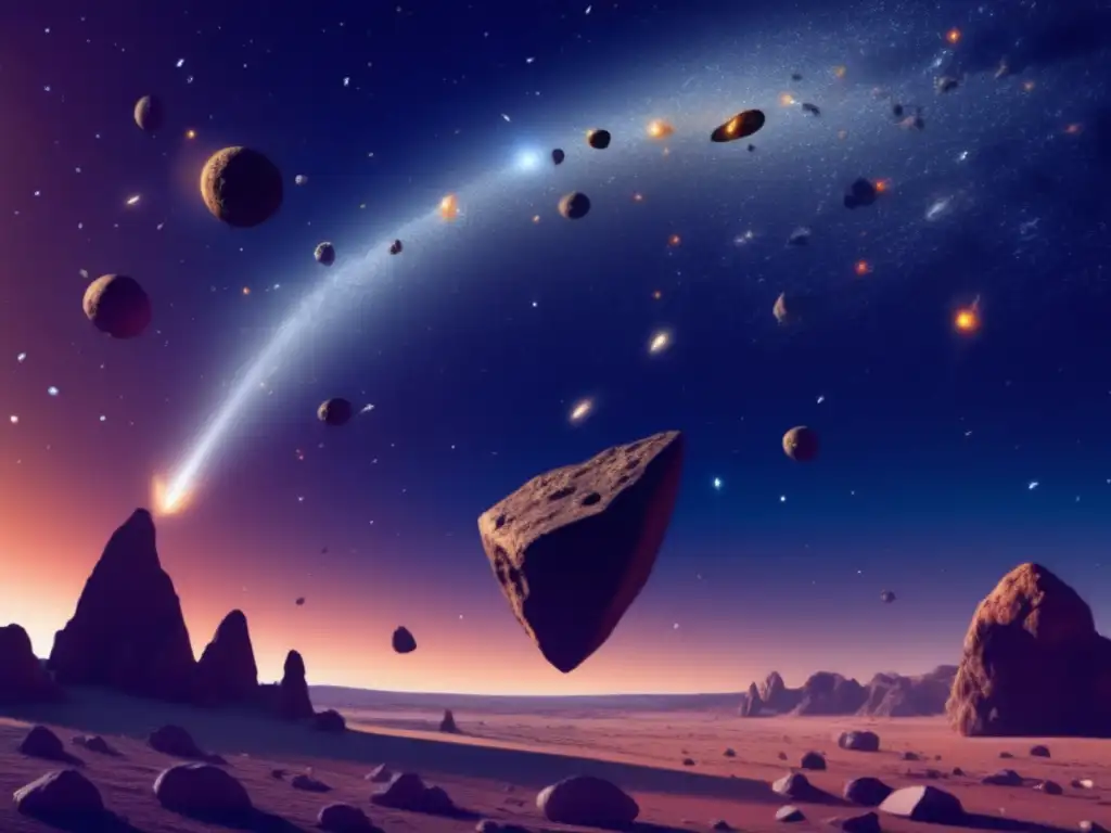 Cosmos: Asteroides en danza celestial Prevenir colisiones asteroides en un impresionante cielo estrellado con asteroides en órbita