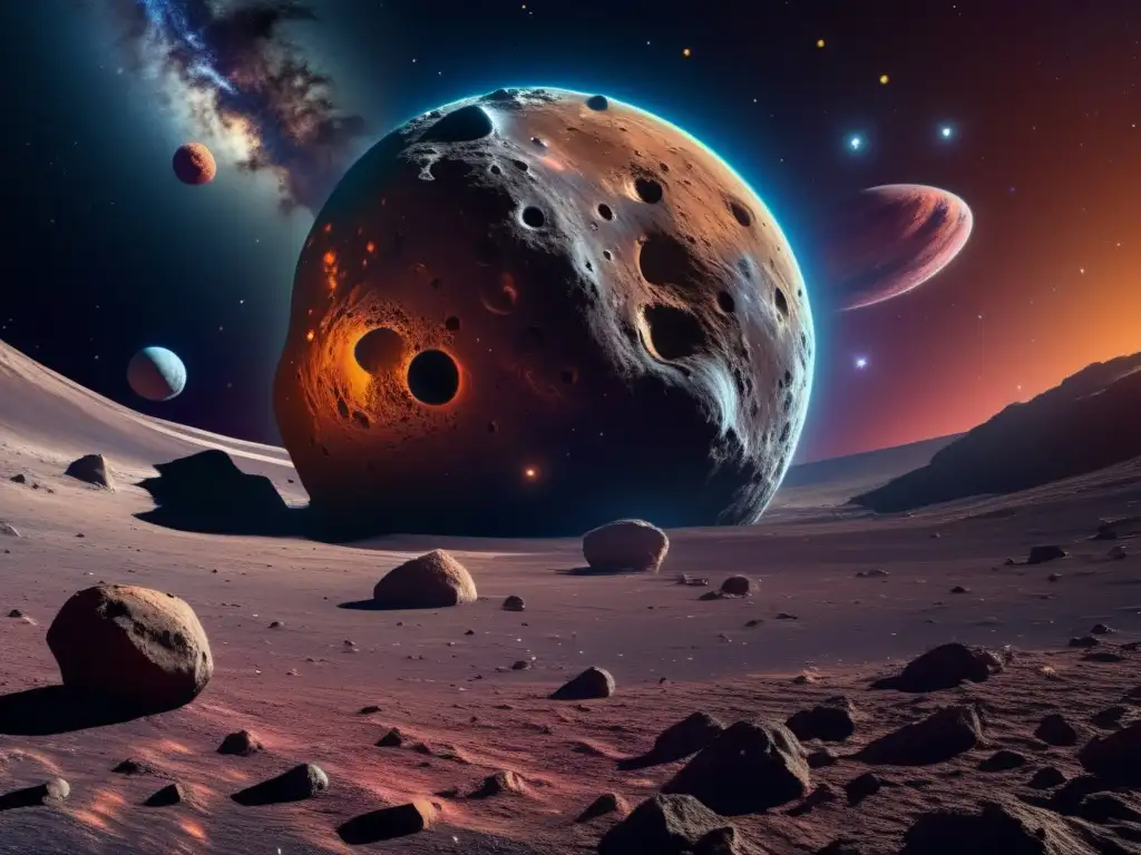 Asteroide colosal en el espacio An asteroida colosal flota en el espacio, con minerales y texturas impresionantes