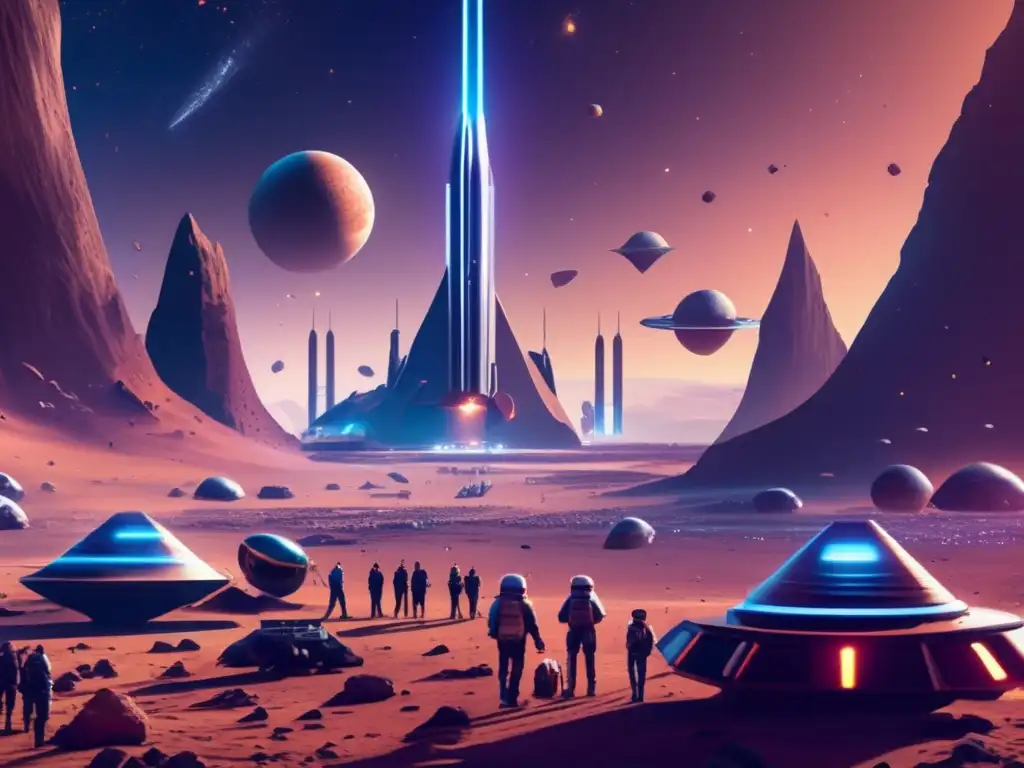 Spaceport futurista en el espacio Comercio espacial de recursos asteroidales en un futurista y bullicioso puerto espacial 8k rodeado de asteroides y galaxias