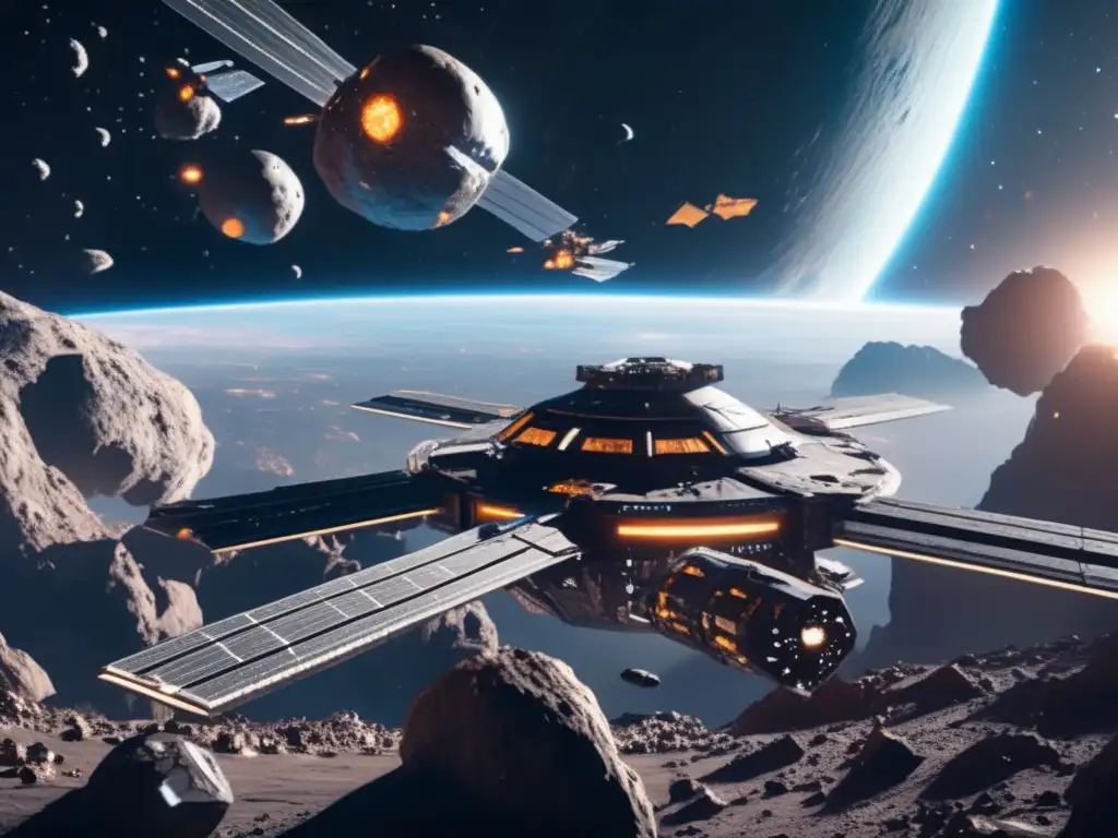 Estación espacial y minas en asteroide Comercio espacial de recursos asteroidales: estación espacial, asteroides brillantes y astronautas mineros