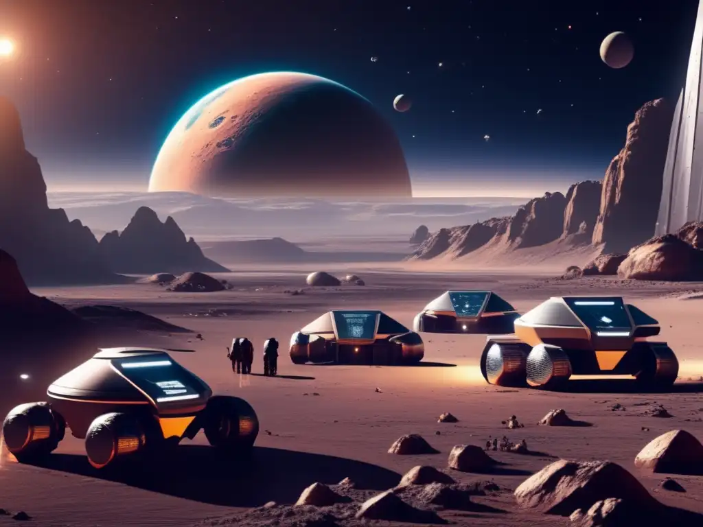 Futuro comercio interplanetario en asteroide Comercio espacial de recursos asteroidales en una impresionante imagen 8k ultradetallada