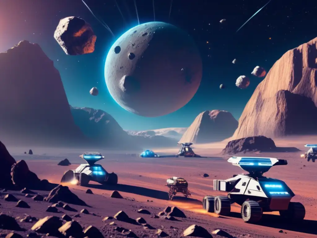 Minas espaciales en asteroide Comercio espacial de recursos asteroidales: Imagen de mina futurista en asteroide con naves espaciales y tecnología avanzada