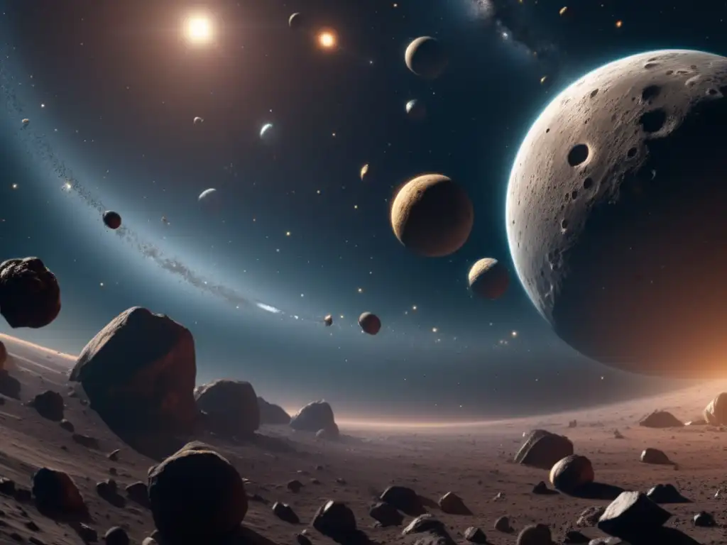 Detalle asombroso del cinturón de asteroides Composición del cinturón de asteroides: imagen detallada 8K que muestra diversidad y características de asteroides en el espacio