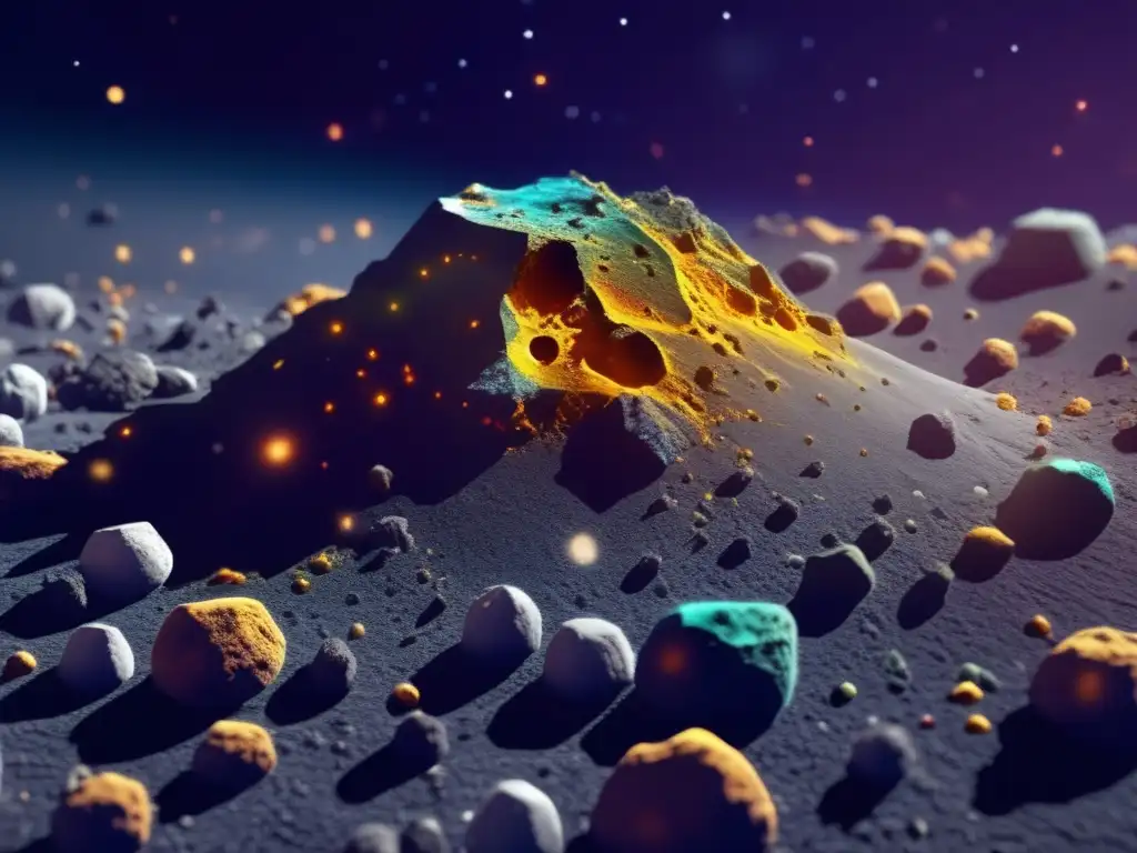 Compuestos orgánicos en asteroides: vista cercana de la superficie revela detalles intrincados, colores vibrantes y patrones complejos