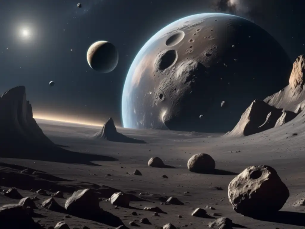 Compuestos orgánicos en asteroides: vista detallada de un asteroide con la Tierra al fondo, mostrando sus colores vibrantes y estructuras complejas