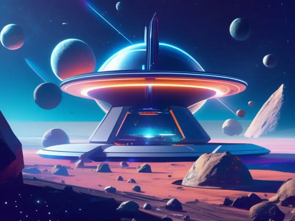 Estación espacial futurista en asteroides Comunidades espaciales igualitarias en una moderna estación espacial rodeada de asteroides
