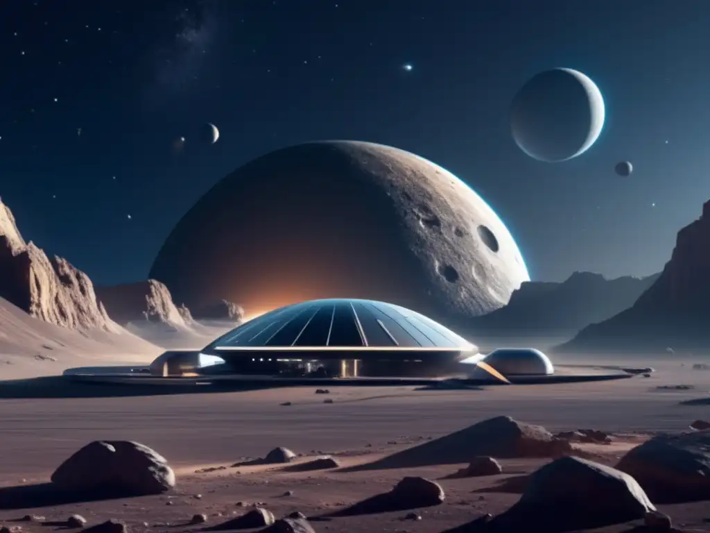 Laboratorio espacial futurista en asteroide Diseño conceptual de Asteroide Base Alfa: Laboratorio espacial futurista autosostenible en asteroide, con tecnología avanzada y recursos sostenibles