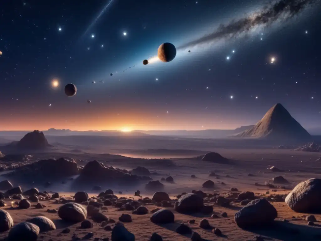 Asteroide tipo D en la noche estrellada Condiciones primigenias del cosmos reveladas por asteroides en una impresionante imagen 8k de un cielo nocturno estrellado con cinturón de asteroides