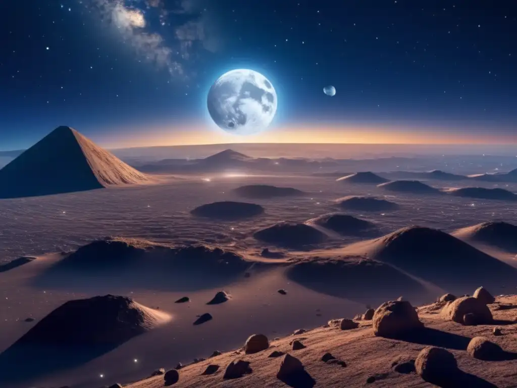 Peligro inminente: asteroide amenaza Consecuencias del impacto de asteroides en la Tierra: Un 8k de noche estrellada, con luna llena y asteroide inminente