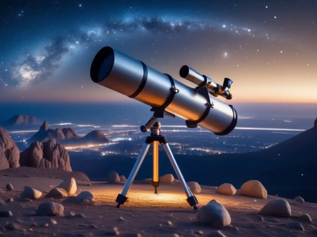 Espectacular imagen nocturna con telescopio apuntando a asteroide Consejos: Observa asteroides en una imagen impresionante de cielo estrellado, telescopio potente y asteroide dorado