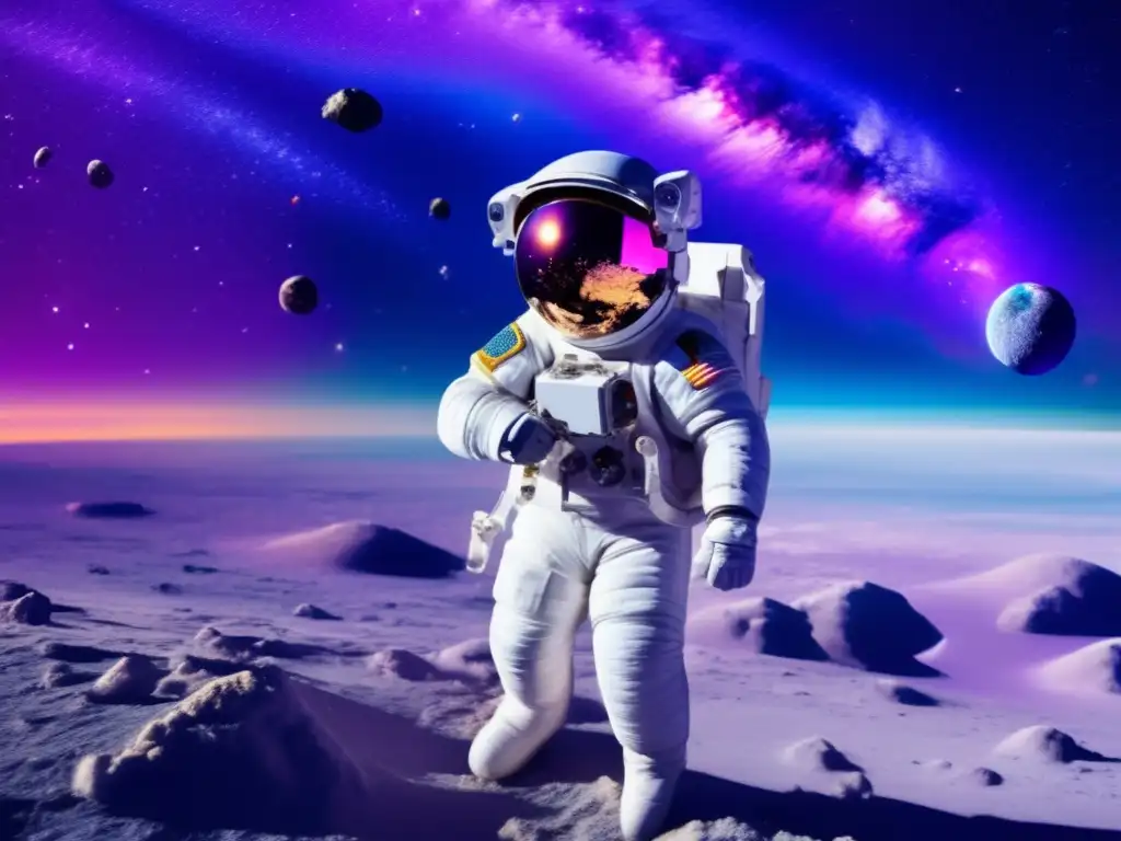 Astronauta sostiene microorganismo en espacio Consideraciones éticas bioprospección espacial: imagen impresionante del espacio con asteroides, astronauta y microorganismos delicados