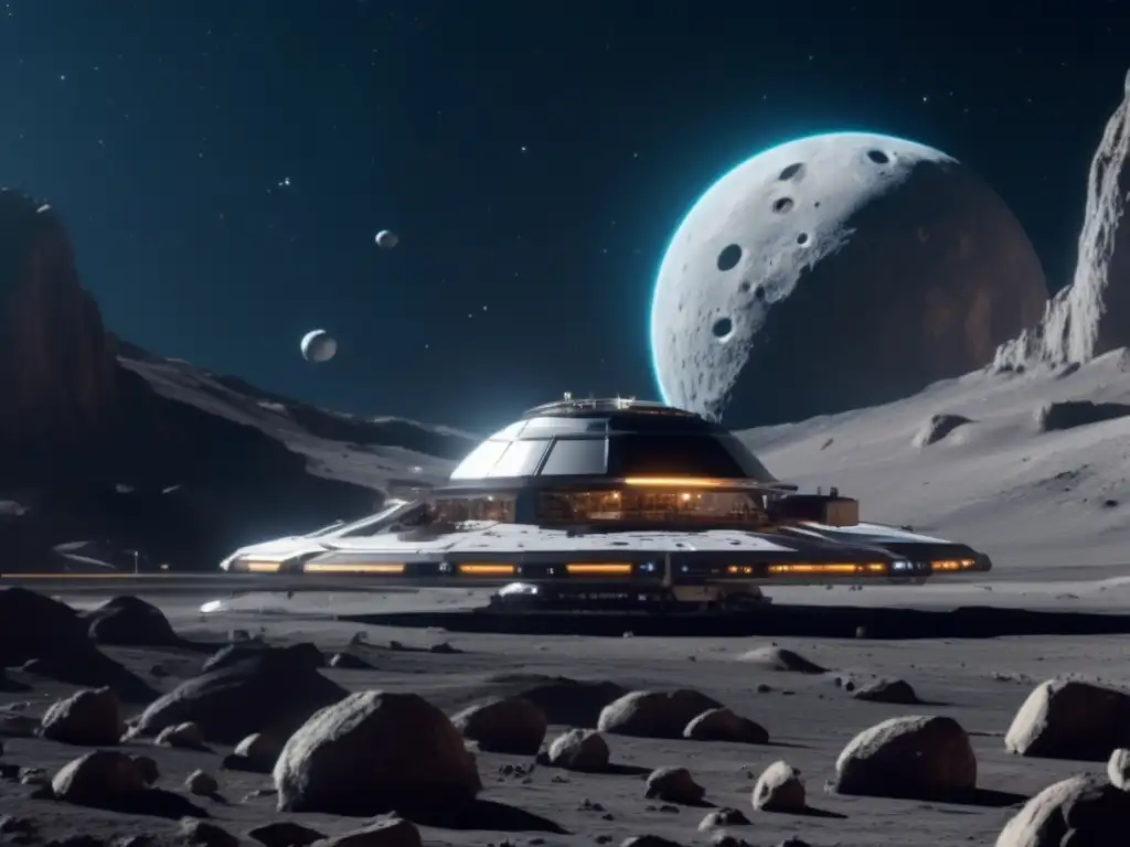 Estación espacial futurista en asteroide Construcción de hábitats en asteroides: Estación espacial futurista en asteroide con 8K de resolución, arquitectura moderna y recursos asteroidales