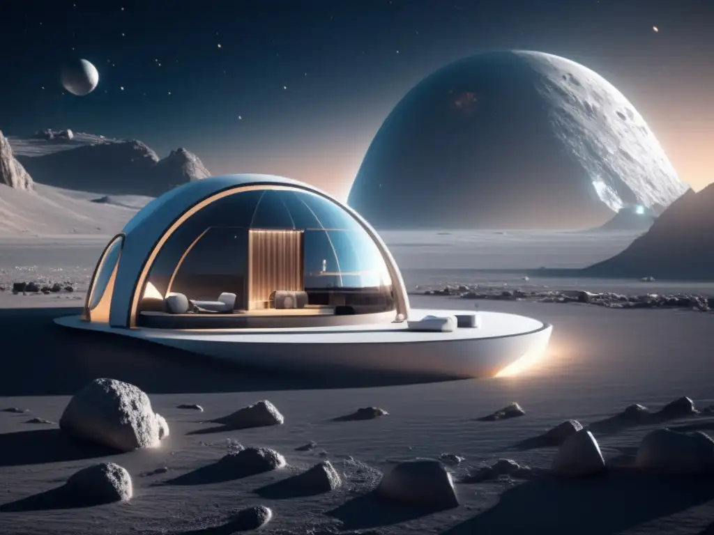 Futuro hábitat espacial en asteroide Construcción de hábitats en asteroides futuristas con tecnología avanzada, integración natural y aprovechamiento de recursos celestiales