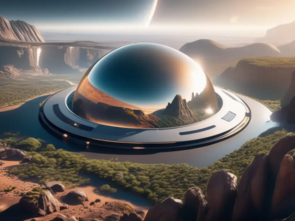 Futurista hábitat asteroidal con vegetación exuberante Construcción de hábitats en asteroides: Visión futurista de un hábitat cilíndrico metálico con vegetación exuberante y cascada en un asteroide