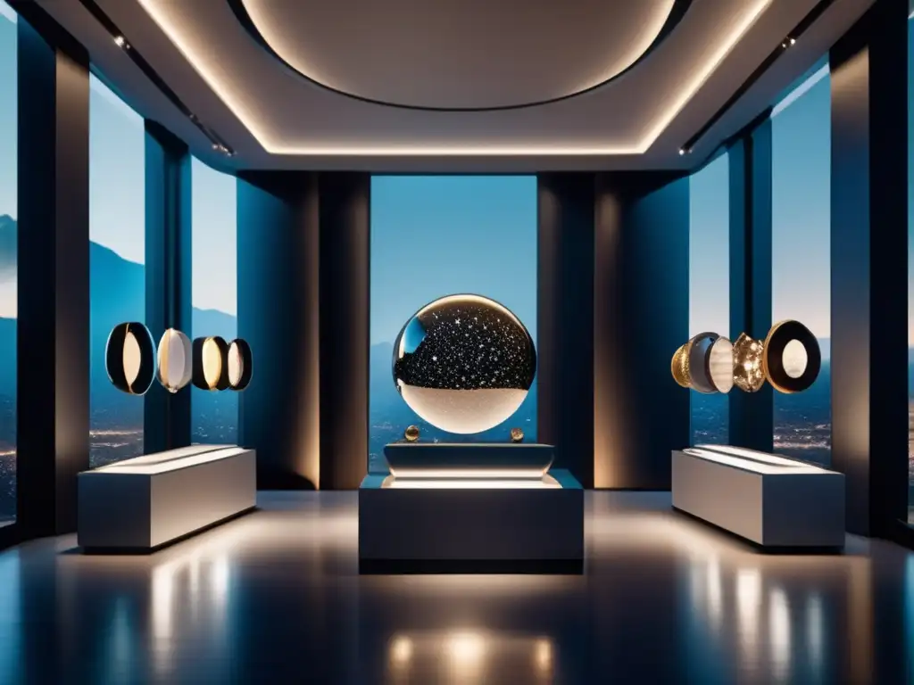 Joyería contemporánea celeste con asteroides Joyería contemporánea con asteroides en una sala moderna y espaciosa, resaltando la fusión de modernidad y elegancia celestial